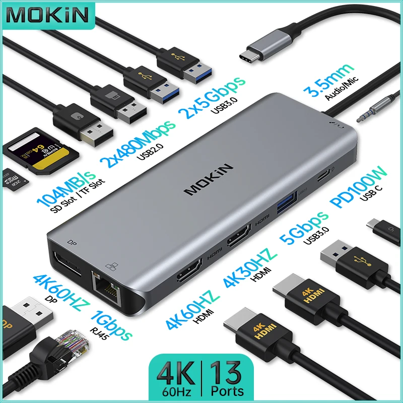 MOKiN 13 in 1 Docking Station for MacBook Air/Pro, iPad, Thunderbolt Laptop - HDMI 4K30Hz, DP 4K60Hz, PD 100W, RJ45 1Gbps, Audio