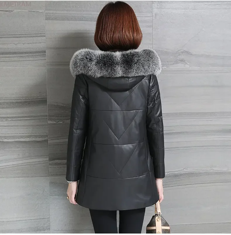 Real Leather Jacket for Women Winter Hooded Down Coats Fox Fur Collar Genuine Sheepskin Coat Slim Down Jackets Jaquetas Feminino