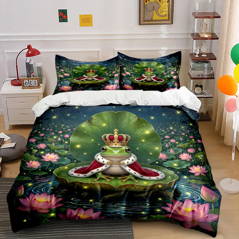 

Frog Prince on Lotus Throne Pattern Duvet Cover Set Digital Print Colorful Polyester Bedding with Zipper Closur for kids gifts