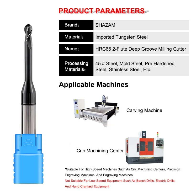 SHAZAM HRC65 2-Flute Deep Groove Ball End Milling Cutter Tungsten Steel Carbide Black Nano Coating For CNC Machining Endmills