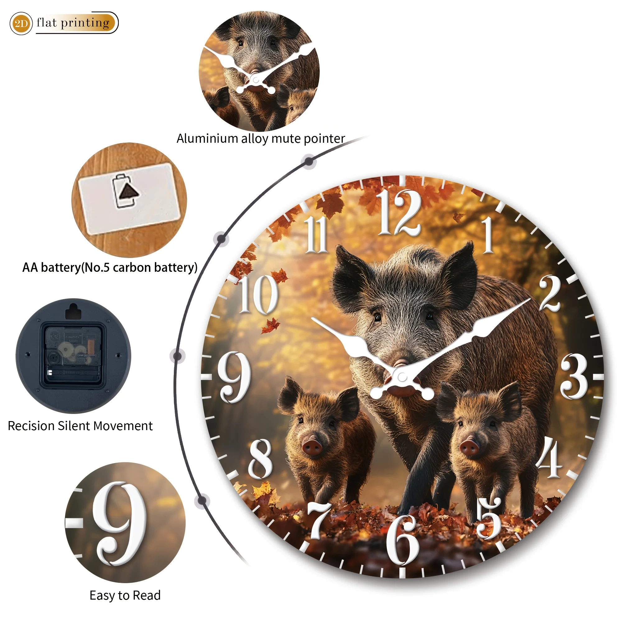 1pc Wild Boar Family on Autumn Leaves, Wooden Home Silent Wall Clock- 2D Flat Printing, Suitable for Restaurant, Cafe, and Kitchen Decoration, New Year's Day, Valentine's Day,  Decorative Gifts, 25.4-40.64 cm Are Available, 2D Flat