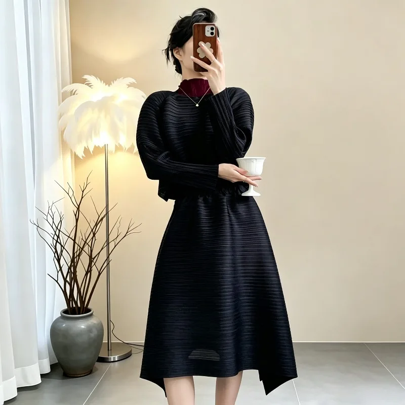 Miyake Long Sleeve Top 2026 Autumn New Horizontal Pleated Stretch Short T-Shirt Elegant Fashion A-Line Mid-Length Skirt Women's