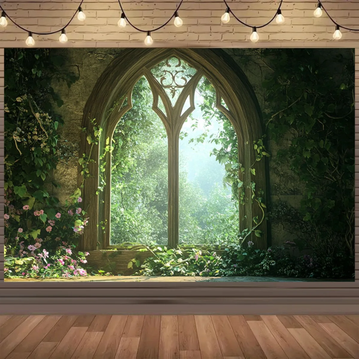 2D Flat, 1pc Enchanted Forest Window Backdrop Cloth - Gothic Arched Window with Ivy & Greenery, Realistic Light & Shadow Effect,