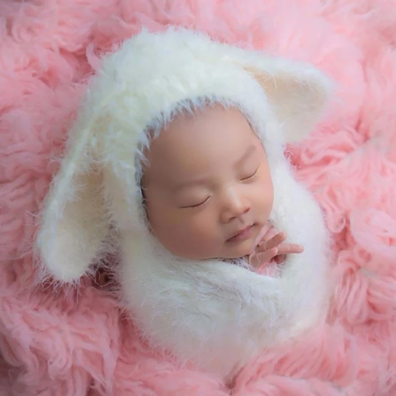 Newborn Stretch Knitted Fuzzy Wrap And Rabbit Hat Set Crochet Knitted Mohair Wrap Bonnet Newborn Photography Props Photo Prop