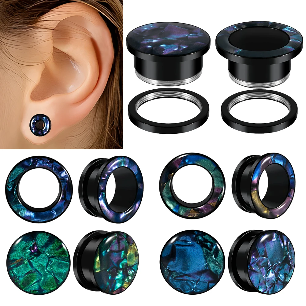 Upgrade Your Ear Piercing Game with Affordable 2pcs Flat Hollow Colorful Shell Black Stainless Steel Ear Tunnel Gauge Plugs