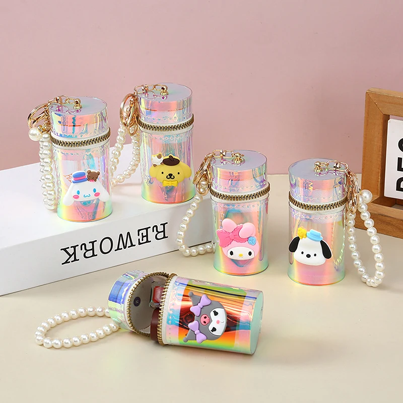 Sanrio Laser Cylindrical Coin Purse Keychain PU Kuromi Cinnamoroll Melody Lipstick Storage Bag Key Case Headphone Storage Bag