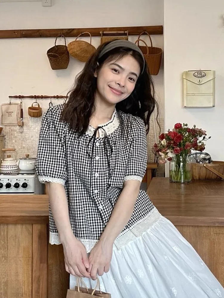 Zoki Sweet Vintage Women Plaid Blouse Casual Preppy Style Lace Patchwork Loose Shirt Cute Retro Female Short Sleeve Lace Up Tops