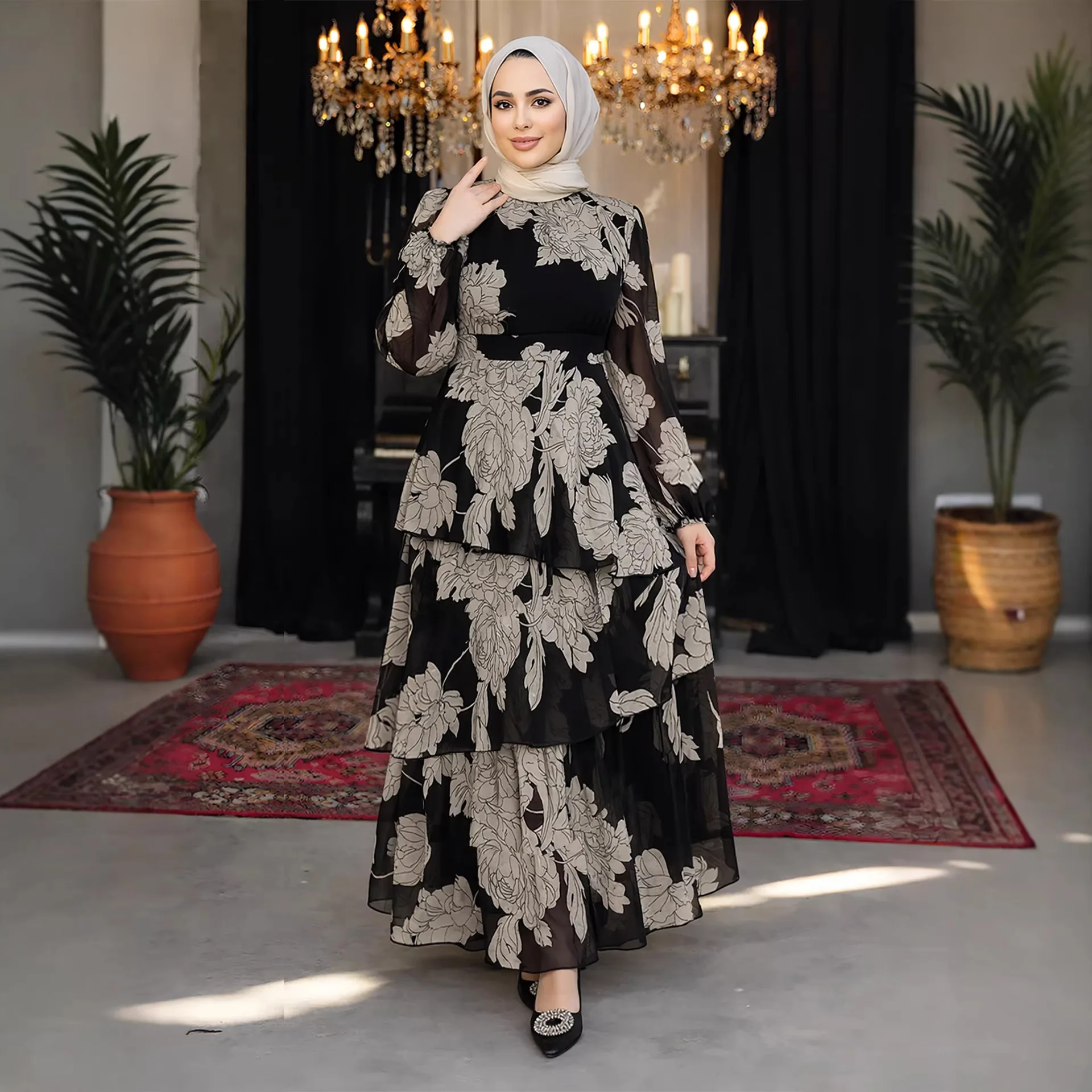 

Праздничное многоярусное платье-абайя для женщин, джалабия, дубайские праздничные платья, кафтан с цветочным принтом, мусульманское платье для Рамадана, марокканские платья, арабская длинная роба