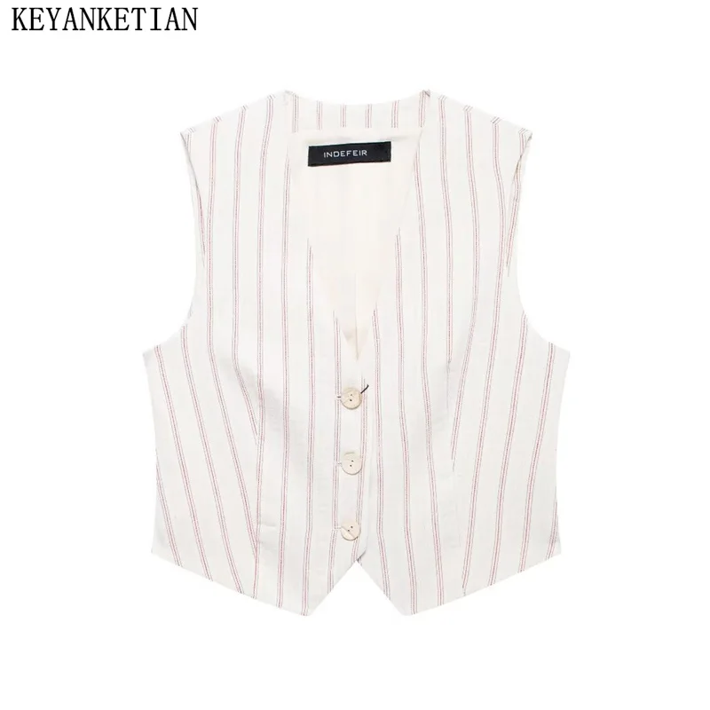 Keyanketian เสื้อกั๊กลายทางของผู้หญิงใหม่สำหรับฤดูร้อนสไตล์อังกฤษกระดุมแถวเดี่ยวคอวีแขนกุดเสื้อครอป