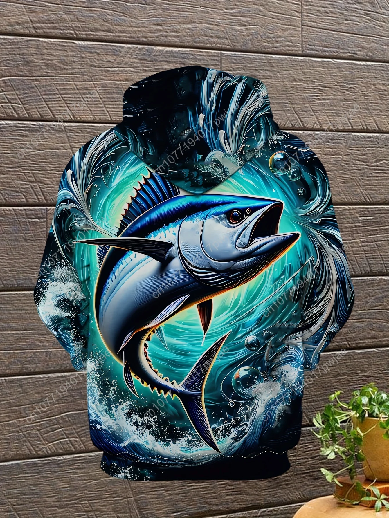 [Modelo elegante] Moletom casual masculino com estampa de peixe 3D de manga comprida |   Bolso com cordão |   Padrão elegante |   Moda Esportiva