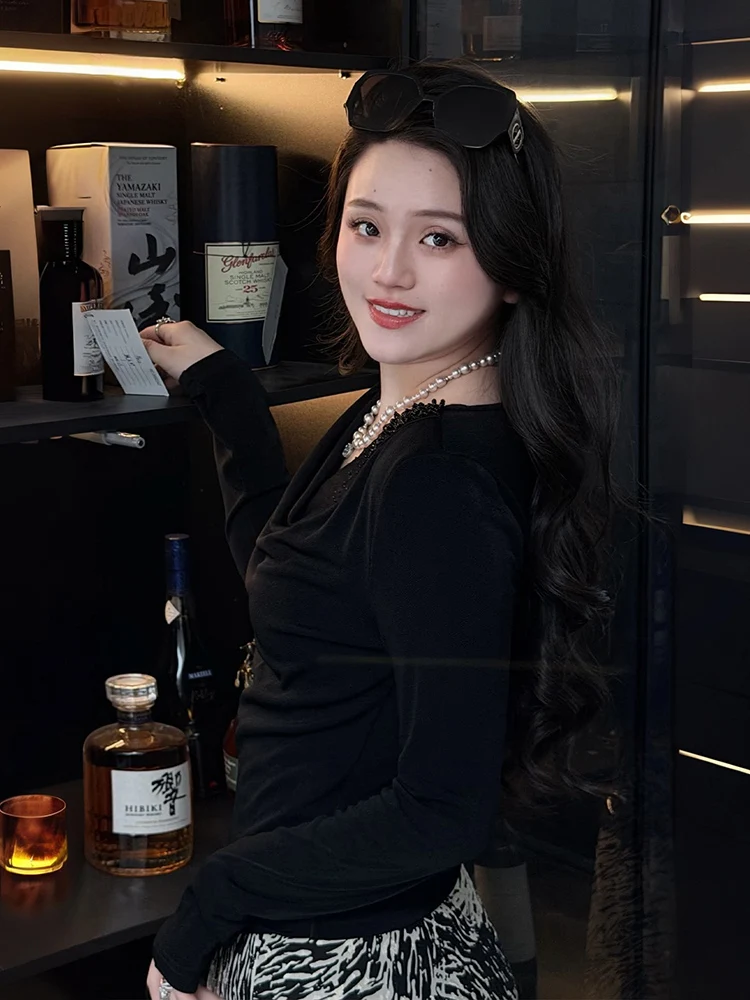 

Elegant Long Sleeve Slim Fit Shirt Women's Base Layer Top Asymmetrical Hemline Stand Collar Summer New Style Paris Night