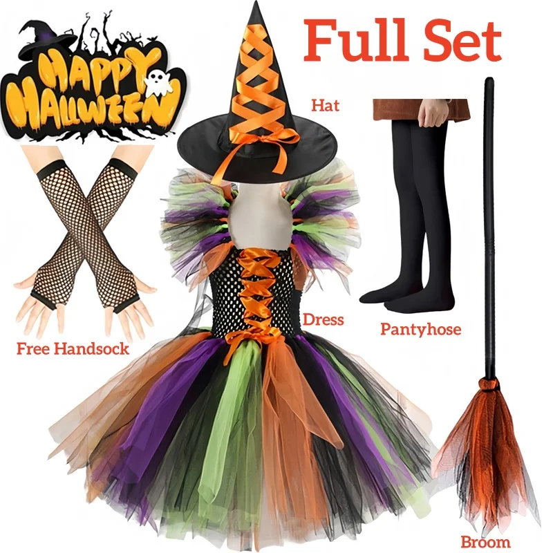 2024 Disguise Witch Costume for Girls Halloween Tutu Knee Dress with Hat Broom Pantyhose Kids Carnival Cosplay Party Outfit Set