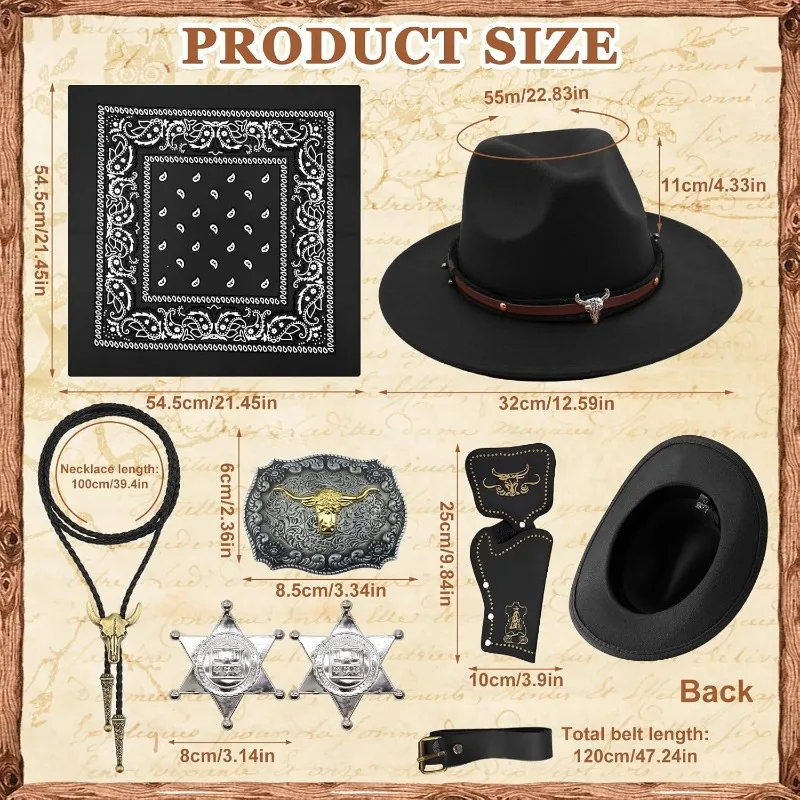 8Pcs Western Cowboy Costume,Hat Bandana Holster Belt Necktie Badge Necklace Wild West Fancy Dress Outfit Kit for Men Retro Party
