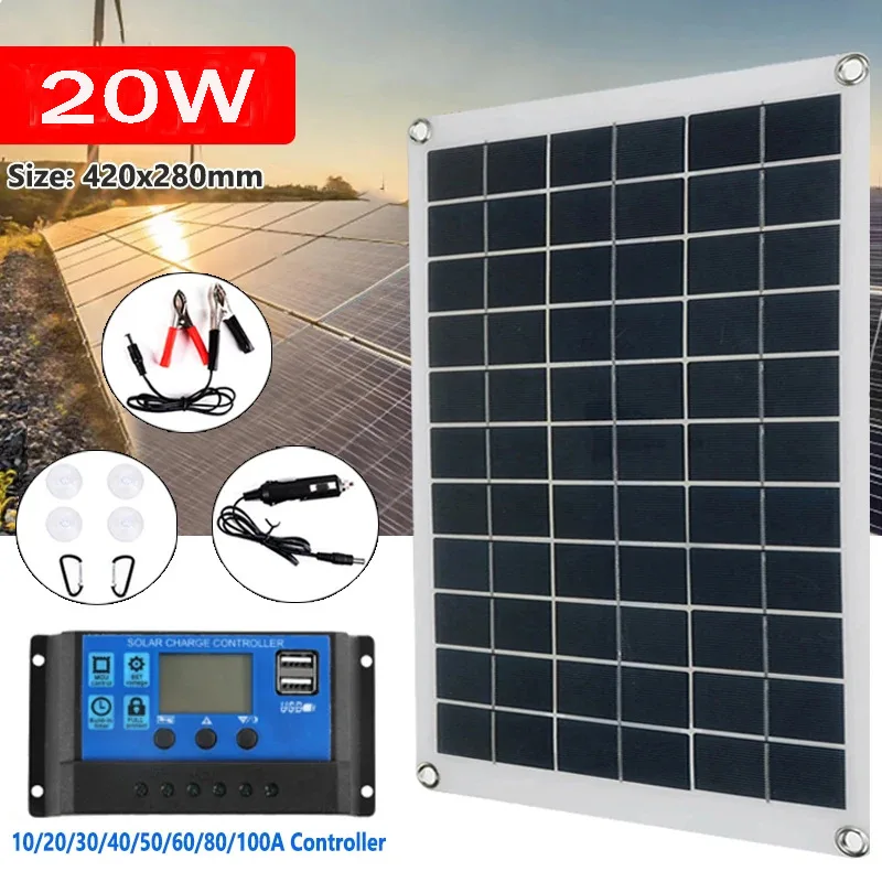 omni-in 20W18V polycrystalline solar panel and controller kit, solar panel controller, photovoltaic outdoor flexible portable