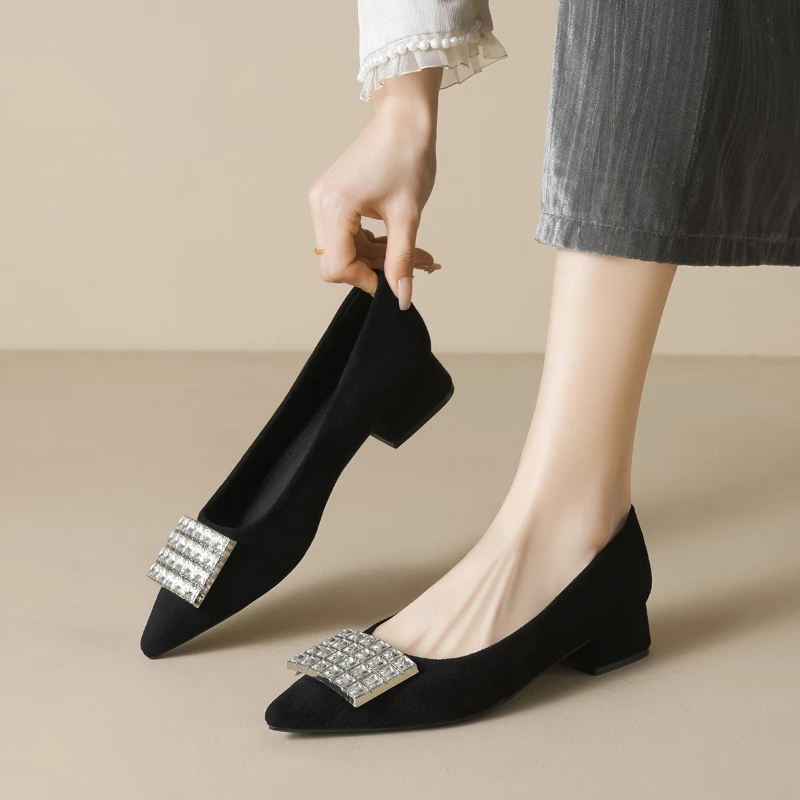 Spring New Large-size Commuter Women's Shoes, Black Pointed Rhinestone Shoes, Thick-heeled Temperament High Heels