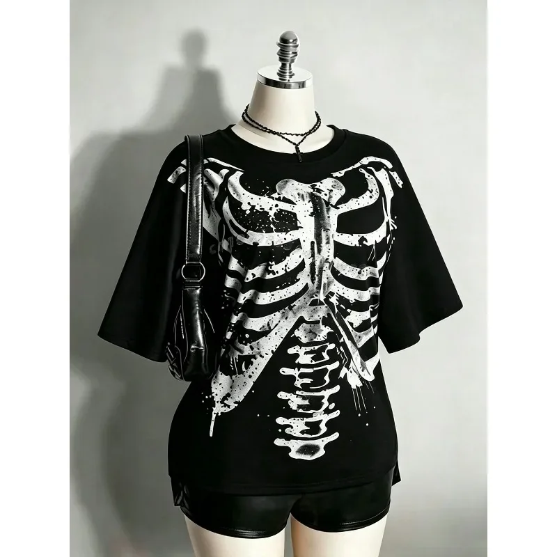 2026 Halloween Skeleton Ribcage 3D Print T-Shirt Gothic Splatter Bone Graphic Short Sleeve Unisex Oversized Casual Tee Men Women