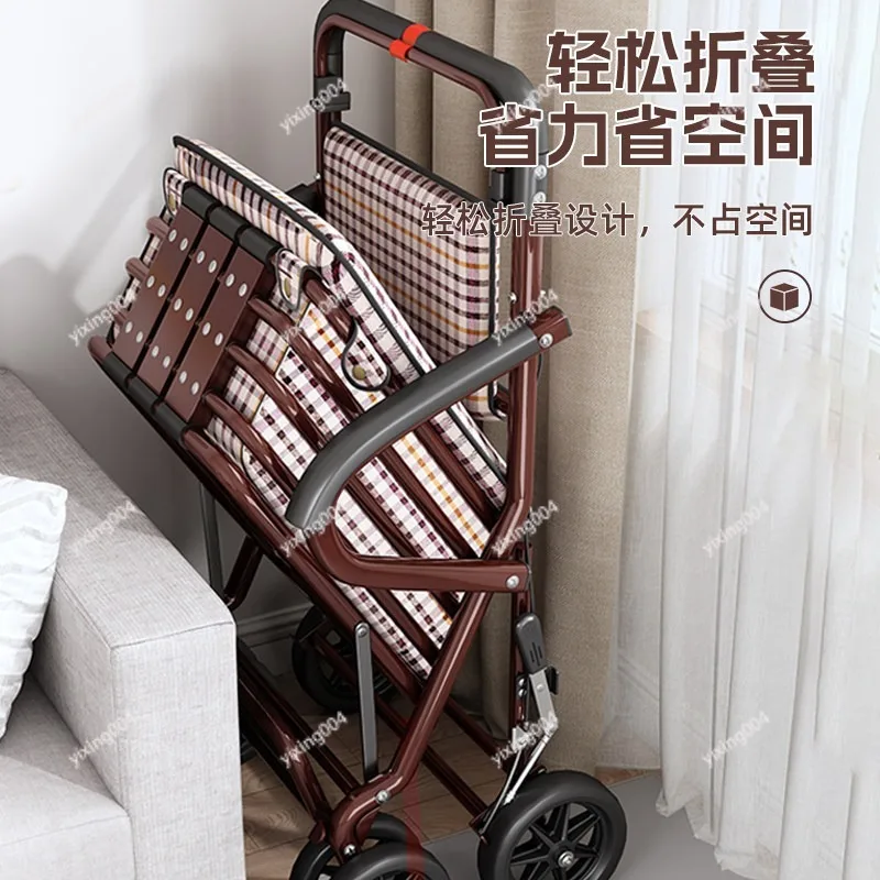 Elderly 4 Wheel Push Cart Foldable Shopping Trolley with Seat, Large Capacity Outdoor Walker Cart