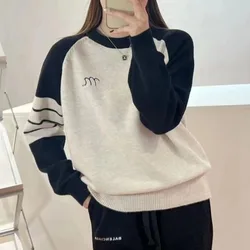 Autumn and Winter Women's Pullover Round Neck Contrast Striped Sweater Knitted Embroidery Bottom Fashion Casual Commuter Tops