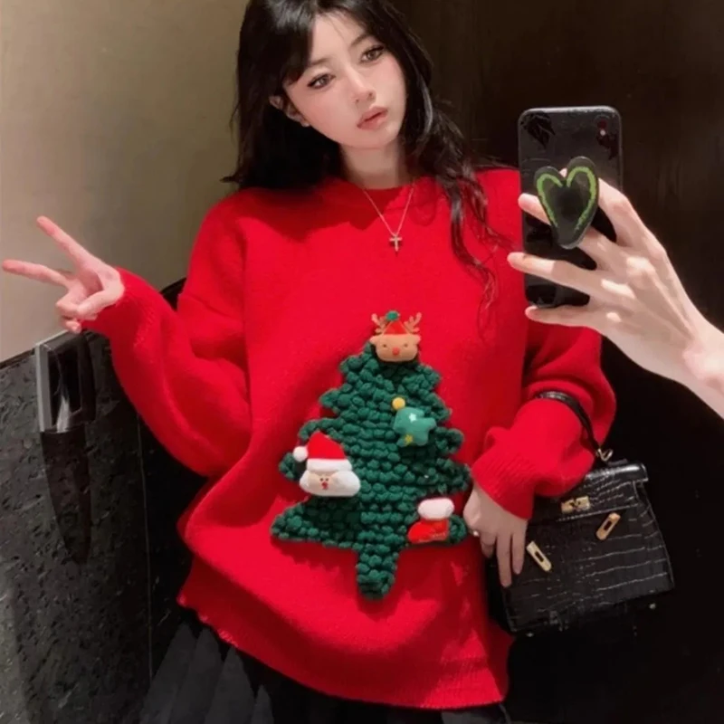 

Christmas Tree Crochet Red Sweater Women Sweet Cute Preppy Knit Pullover Harajuku Y2K Faux Mink Loose Lazy Casual Jumper