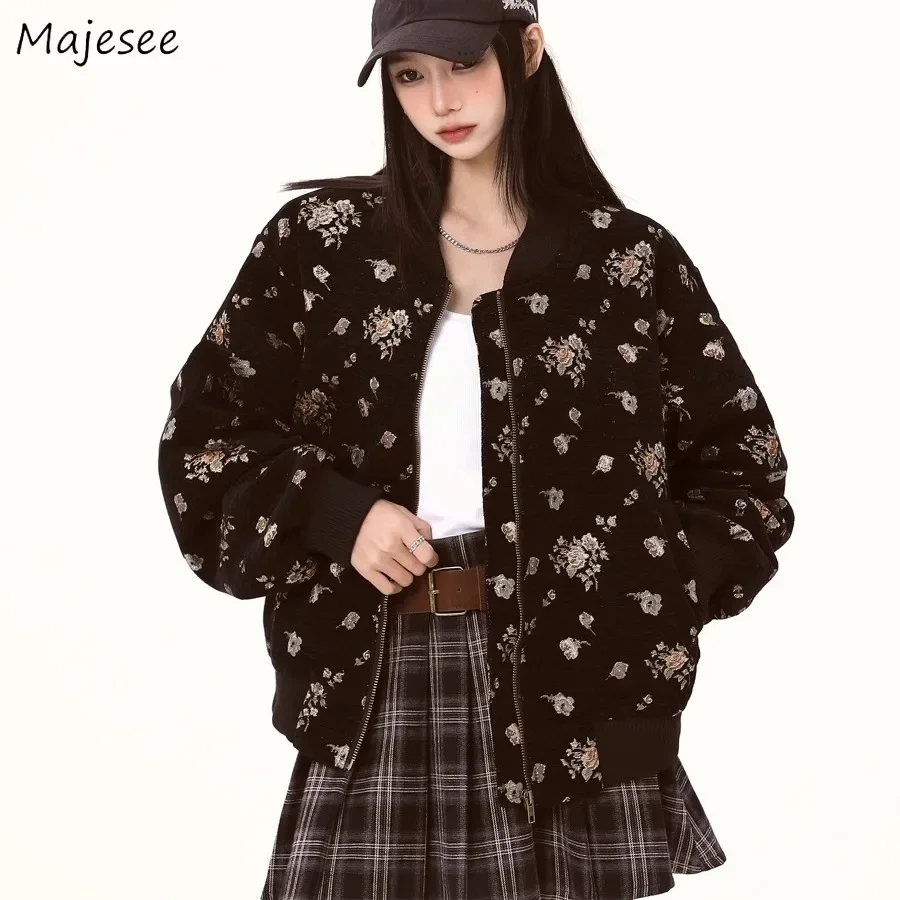 

Stand Jackets for Women Baggy Casual Vintage Floral Cozy Coats American Style Couples Casual High Street All-match Soft Clothing