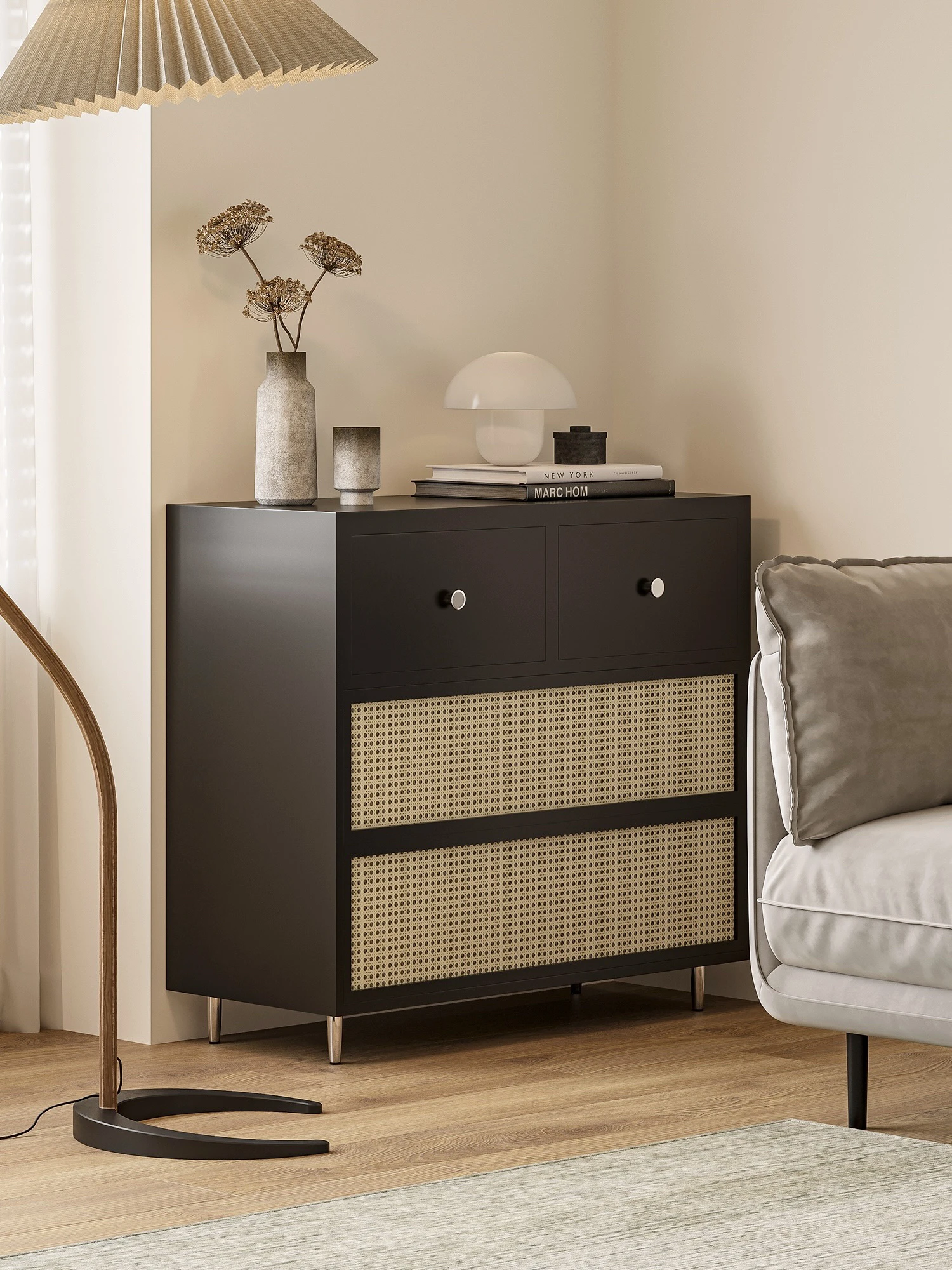 Schwarzer Retro-Rattan-Brust-Seitenschrank, multifunktional