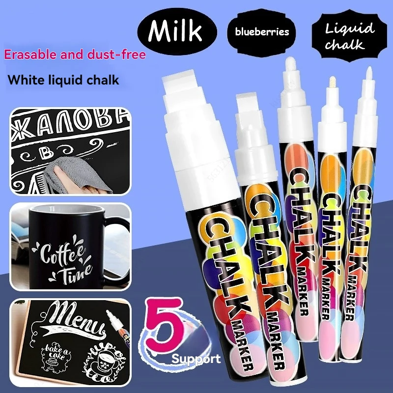 

5 White Liquid Erasable Chalk Markers Pens 0.7mm/3mm/6mm/10mm/15mm Washable & Wet Erase Neon Art pen