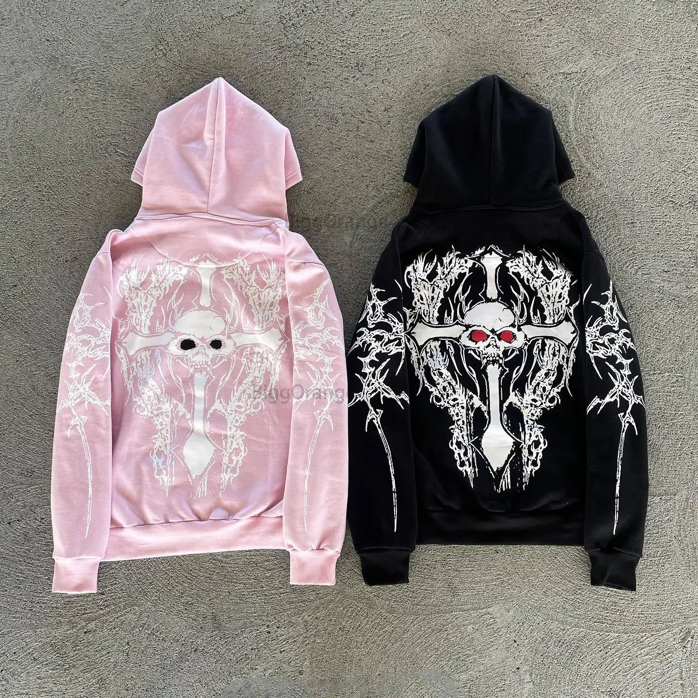 

New Pure Cotton Skull Skeleton Cross Ruby Printed Hoodie Zipper Loose Gothic Loose Hoodie Men's and Women's Autumn/Winter Coat