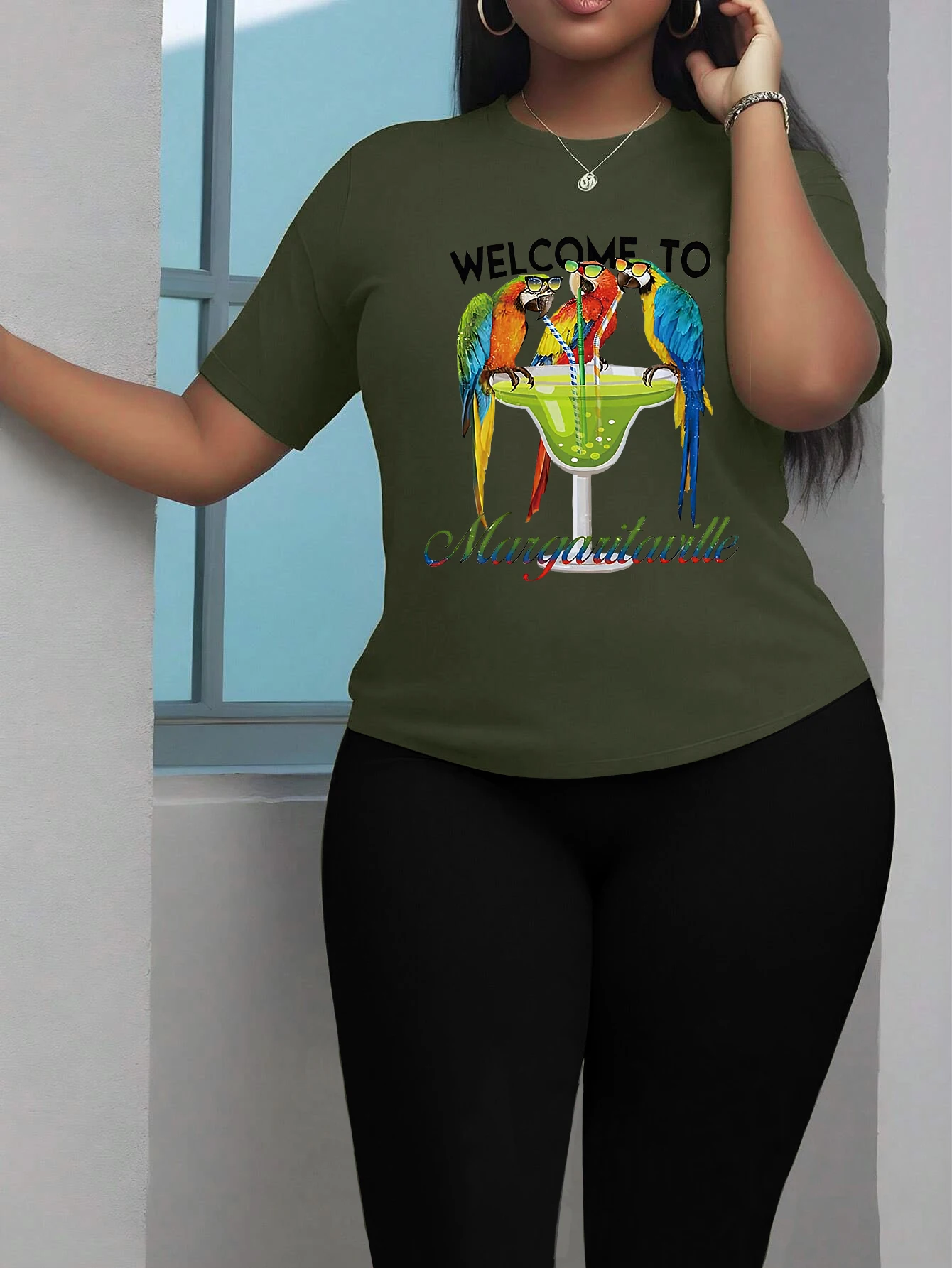 

Parrots Drinking Juice Together Print Women Round Neck Basic T Shirts Two Piece Set Fashion Soft Elastic Calf-Length Pants Sets