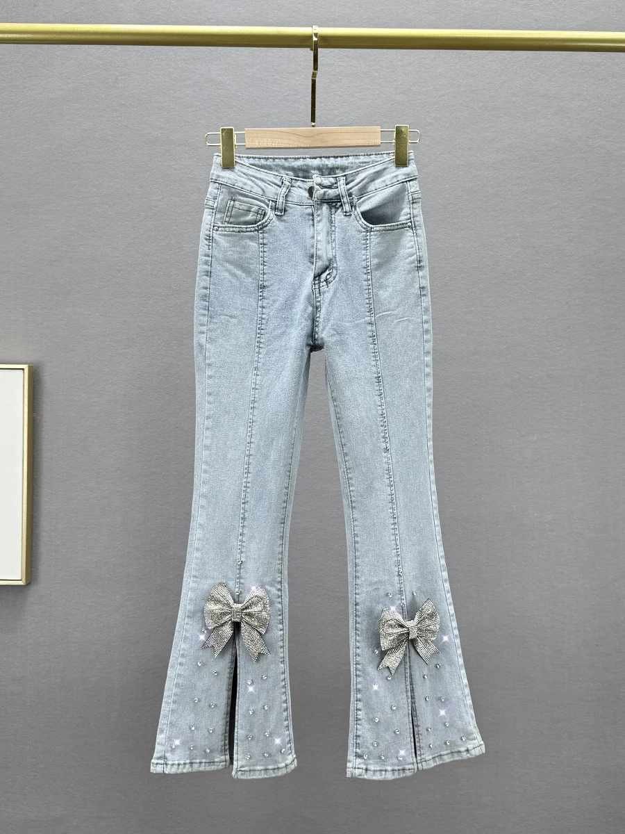 

Женские джинсы с высокой талией, облегающие, расклешенные, весна-лето, новые, с эластичным поясом, украшенные стразами, укороченные (7/8)