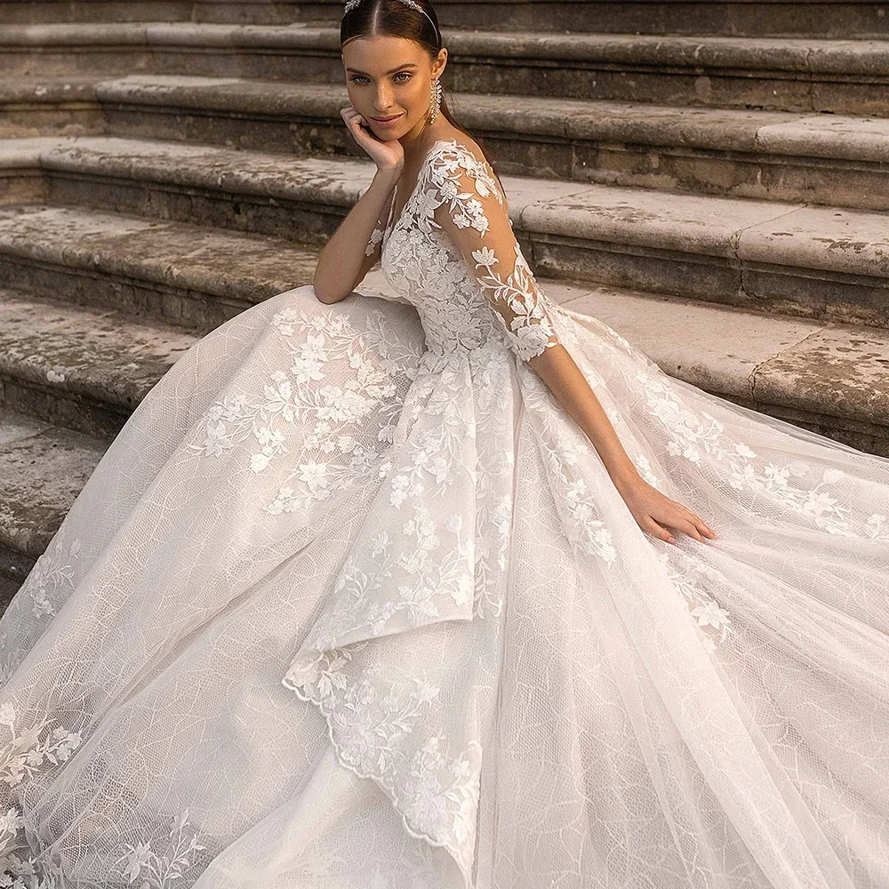 Customized 2025New Style Buttons Up Back Half Sleeve Beading Appliques Lace Princess Wedding Dress A-line Robe Vestidos De Novia