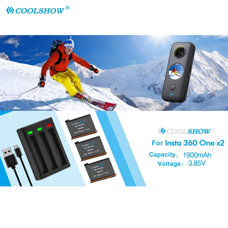 360 파노라마 액션 카메라용 배터리 충전기, Insta360 ONE X2 액세서리, 1900mAh 배터리