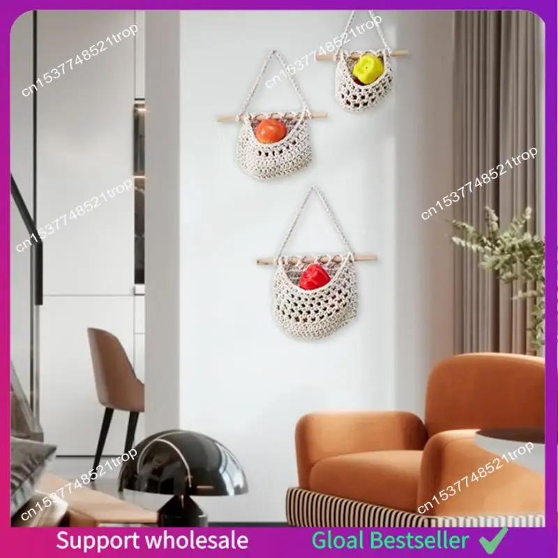 

A38M Wall Fruit Basket Braided Hanging Baskets For Kitchen Fruit And Vegetable Basket 3 Tier Storage Hanging Woven Pocket Durabl