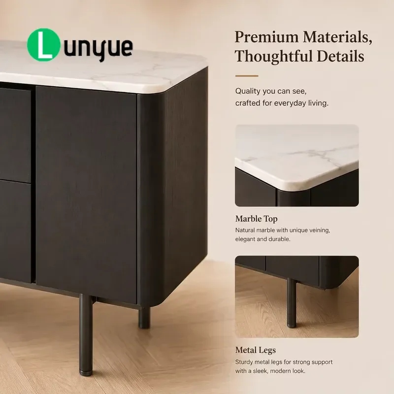 Modern Black Sideboard Cabinet with Marble Top and Metal Legs Eco Friendly Storage Furniture for Living Room Dining Room