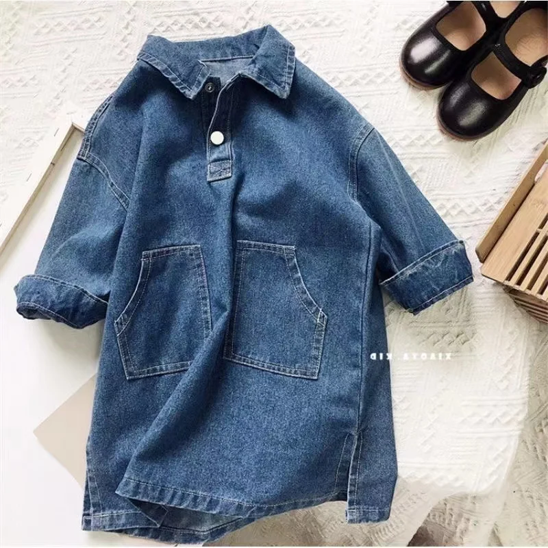 

Girls Dress New Spring Autumn Long-Sleeve Solid Color Denim Casual Loose Pocket Toddler Kids Clothes