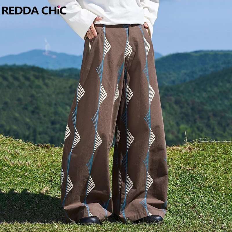 REDDACHiC Sailboat Inspired  Print Brown Pants Men Cotton Lightweight Elastic Waist Wide Leg Barrel Trousers Vintage Clothes