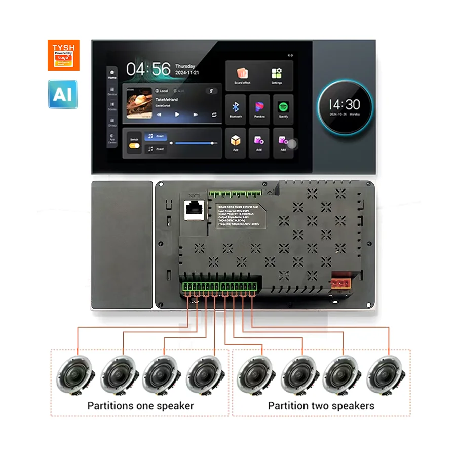 TYSH 8-channel Wall Amplifier 7-inch Two-zone Playback Touch Screen Intelligent Background Music System Support Google Play