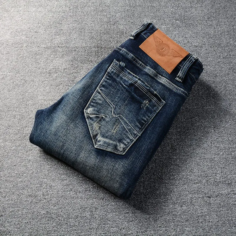 Fashion Designer Men Jeans High Quality Retro Washed Blue Stretch Slim Fit Ripped Jeans Men Vintage Casual Denim Pants Hombre