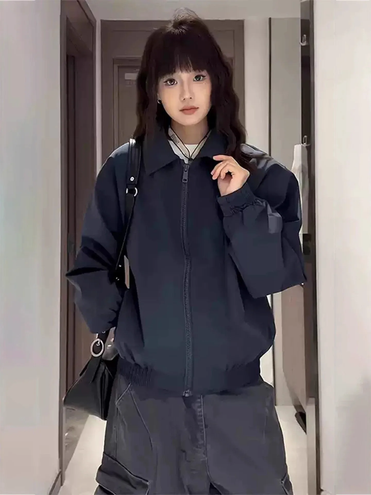 

Мужская куртка свободного кроя в американском стиле, бейсбольная куртка с отложным воротником, повседневная осенняя верхняя одежда для пар