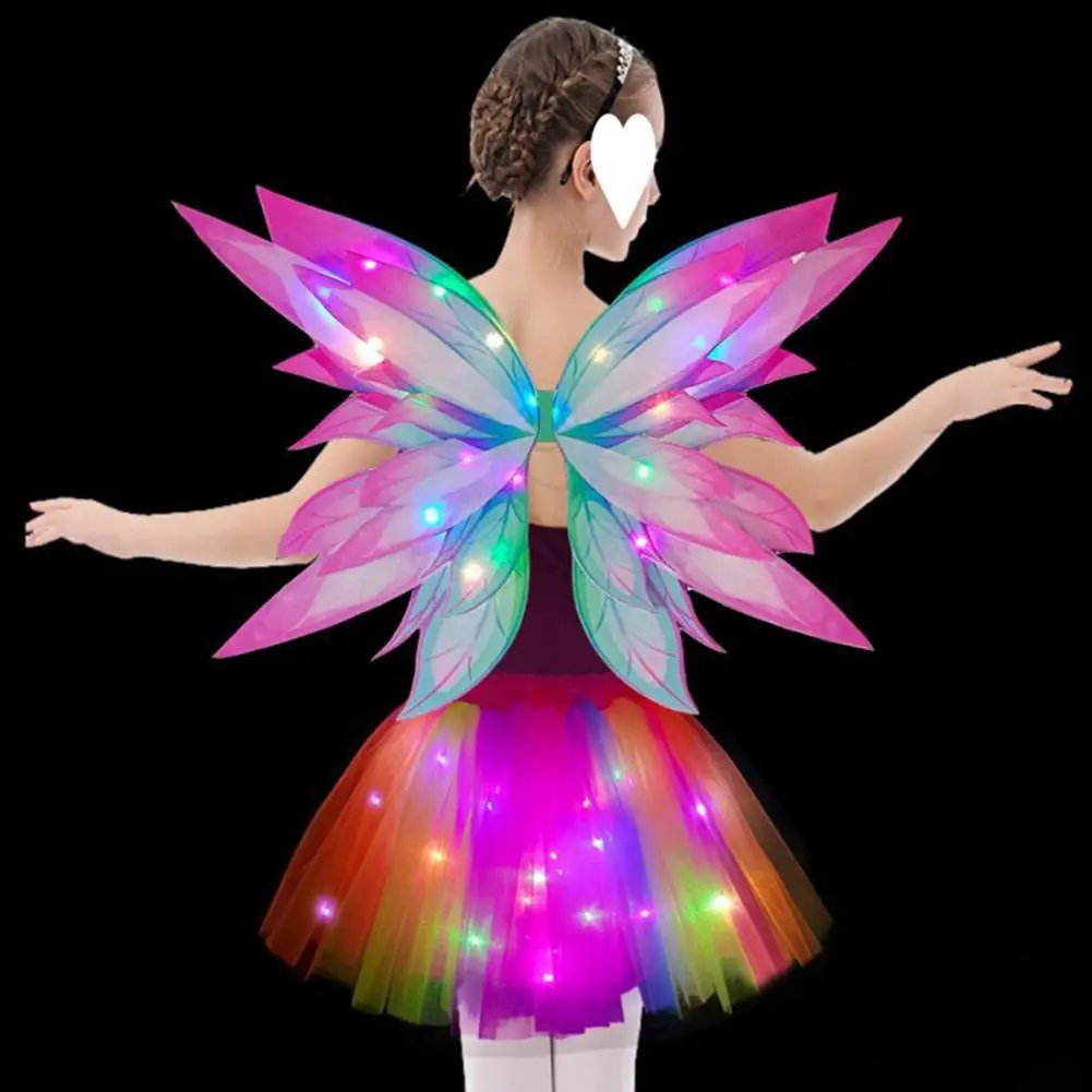 Fantasia de asas brilhantes para meninas, brinquedo fingido, saia de tule iluminada, asas de borboleta, vara de fada, presente de aniversário, cosplay