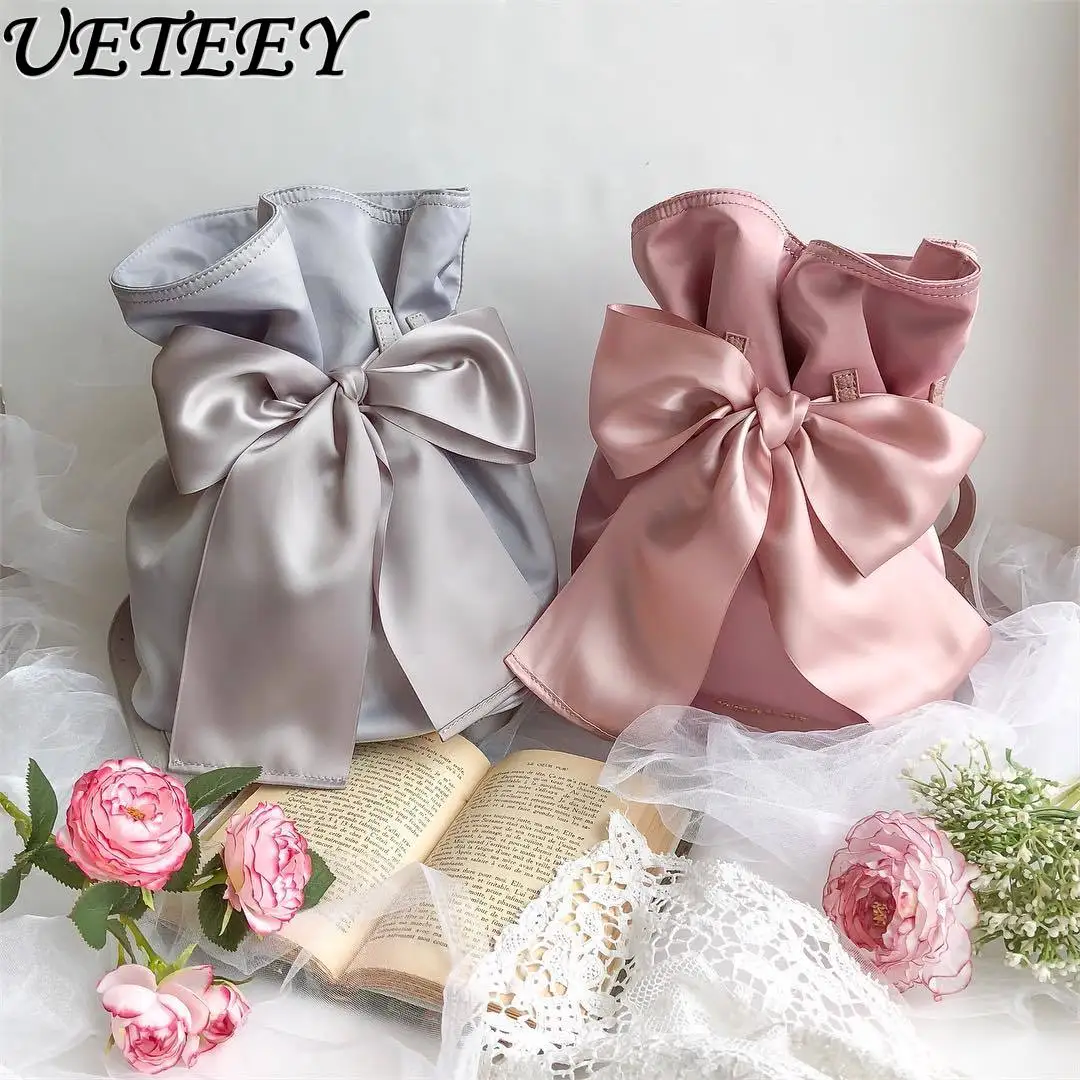 

Japanese Style All-Matching Girls Satin Bow Draw String Bucket Bag Sweet Cute Backpacks Women's Solid Color Backpack Bags