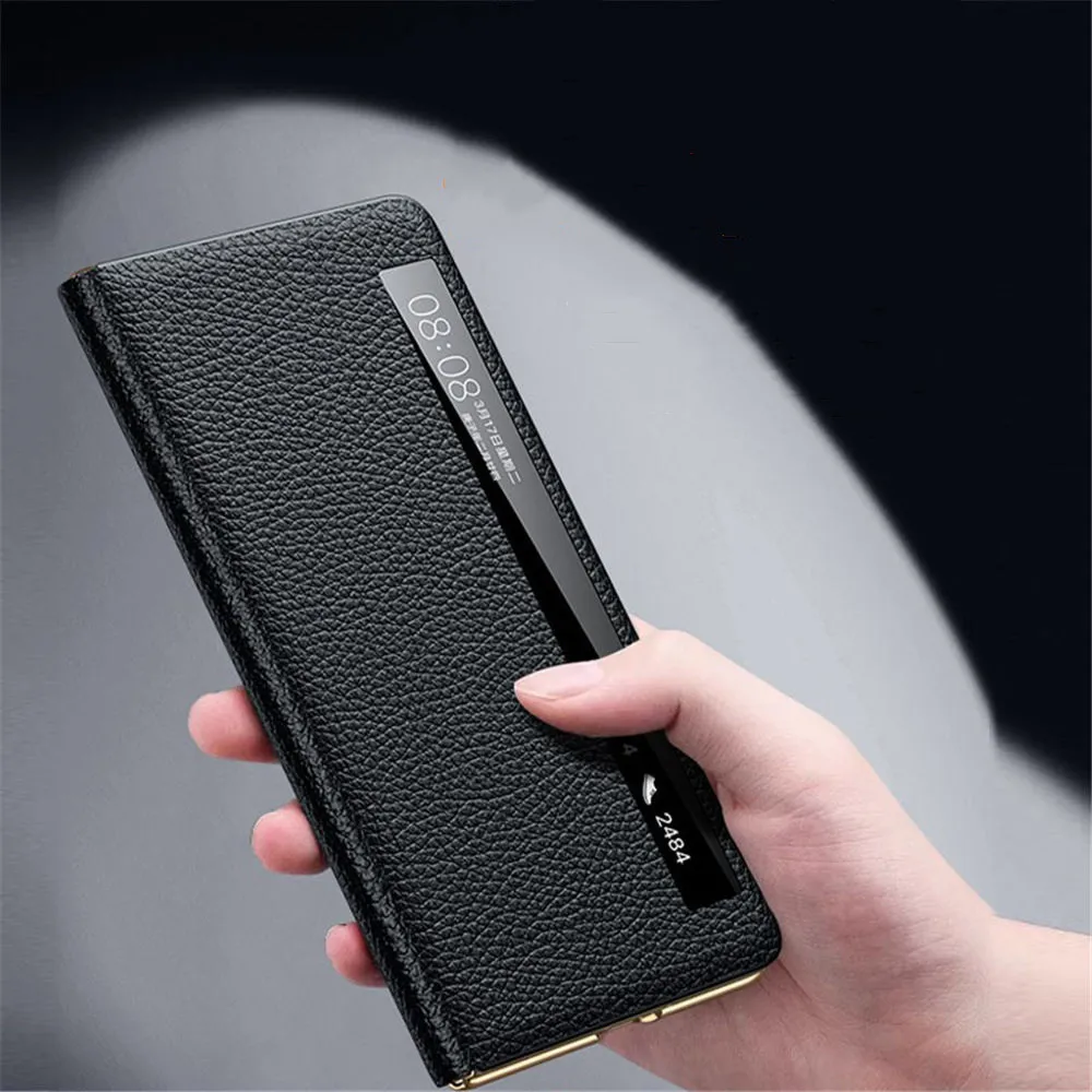 Genuine Cowhide Leather Litchi Magnetic Flip Case for Honor Magic V3 Window View Full Cover