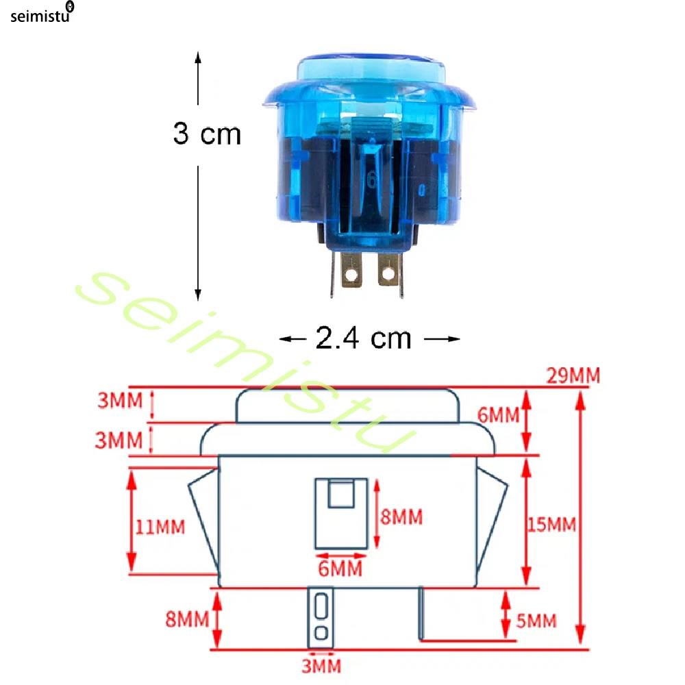 5 V LED-beleuchteter Arcade-Licht-Druckknopf, 30 mm/24 mm, durchsichtiger Kunststoff, münzbetriebener Joystick, Spielknopf für DIY-Arcade-Maschine – Detail 5