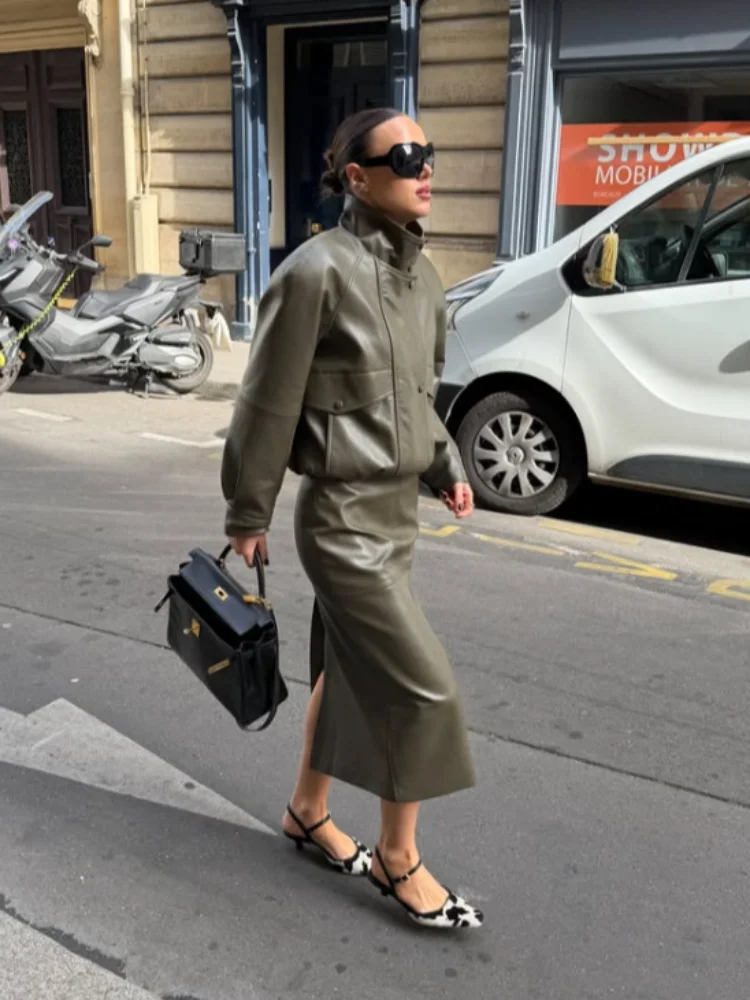 High Neck Faux Leather Short Jacket Women Button Closure Patch Pocket Slim Fit Elegant Streetwear Autumn Winter Outer Coat 2026