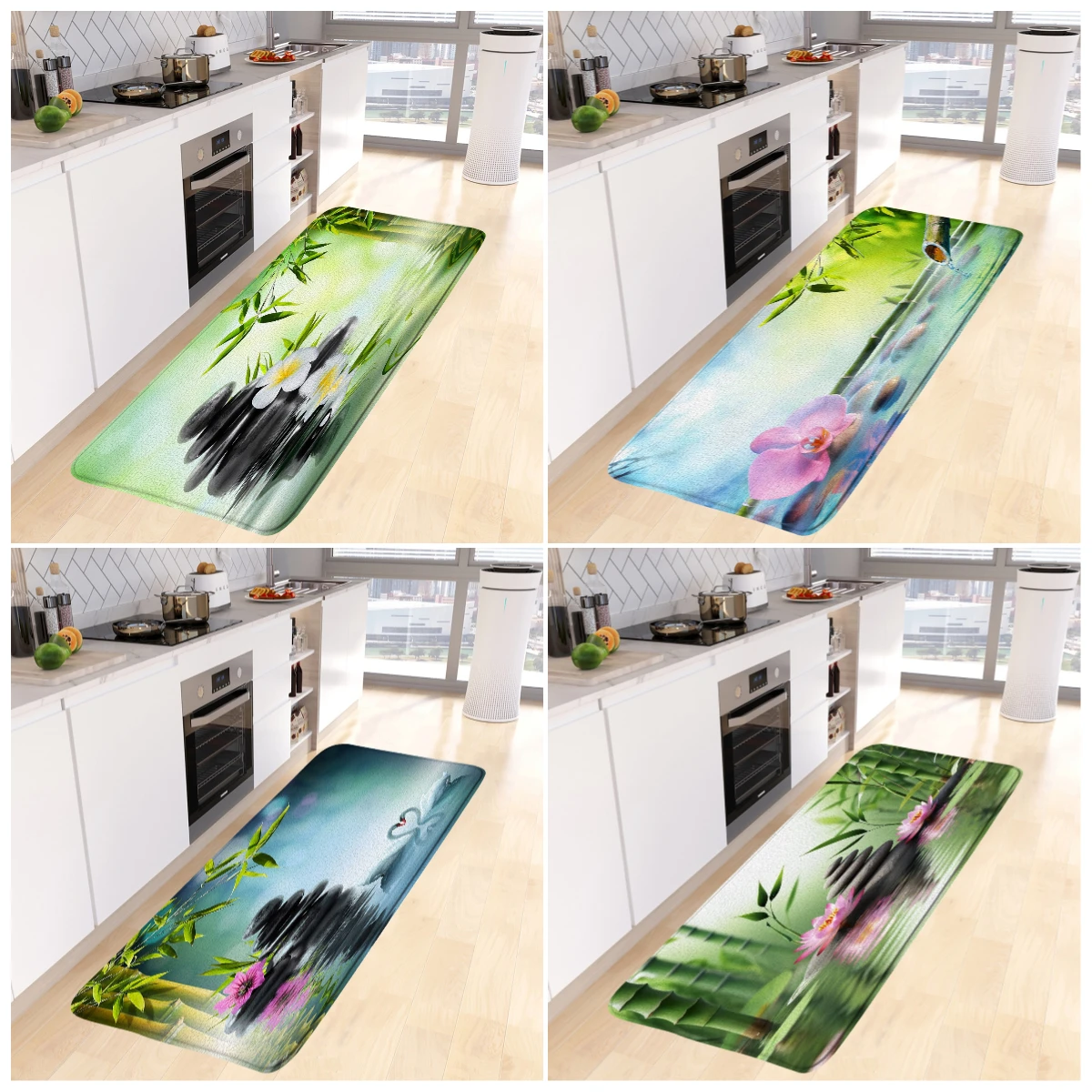 Zen Green Bamboo Bath Mat Pink Orchid Black Stone Swan Spa Scenery Kitchen Rug Entrance Doormat Home Bathroom Decor Floor Carpet