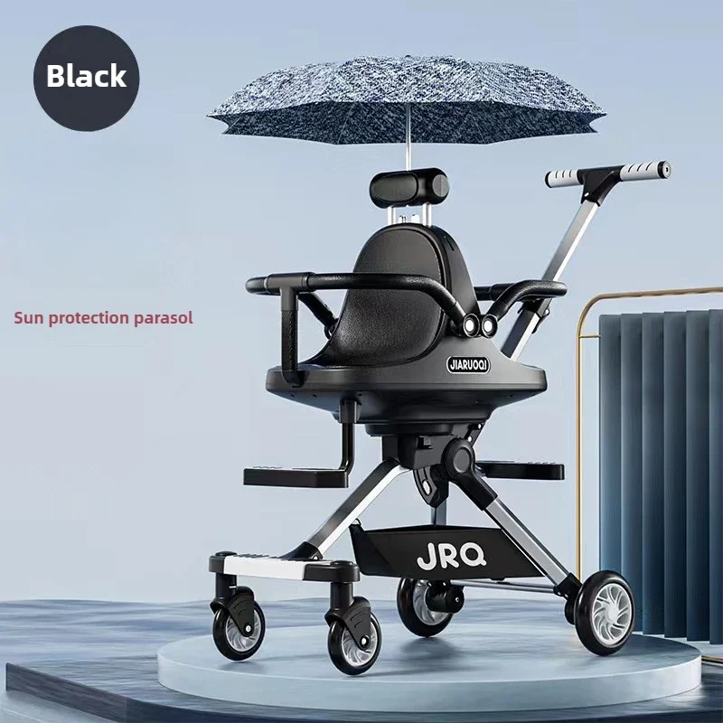 Lichtgewicht tweelingkinderwagen met hoge zitting, opvouwbaar, dubbele zitplaats, met parasol, verstelbare handgreep