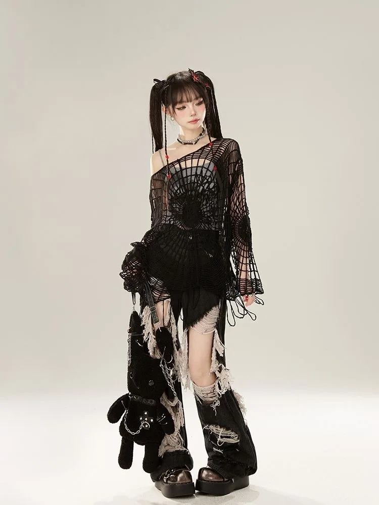 2026 Summer New Spider Web Hole Tops Women Y2k Off Shoulder Long Sleeve Pullovers Vintage Black Hollow Out Knitted Sweater