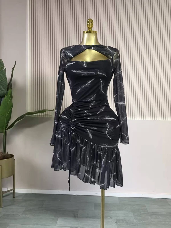 JENYAGE Damen Sexy Blumen-Mesh-Bodycon-Midikleid mit Kreuzausschnitt am Hals, Langen Ärmeln, Wickel- und Taillenbund, Rüschensaum, Cocktailkleid – Detail 3