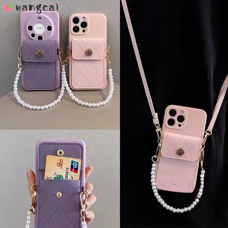 For Huawei P60 Art P60 P50 P40 P30 P20 Pro P50E P40 P30 P20 Lite Nova 5i Pro Pearl Chain Camellia Phone Case +Cross-body Lanyard