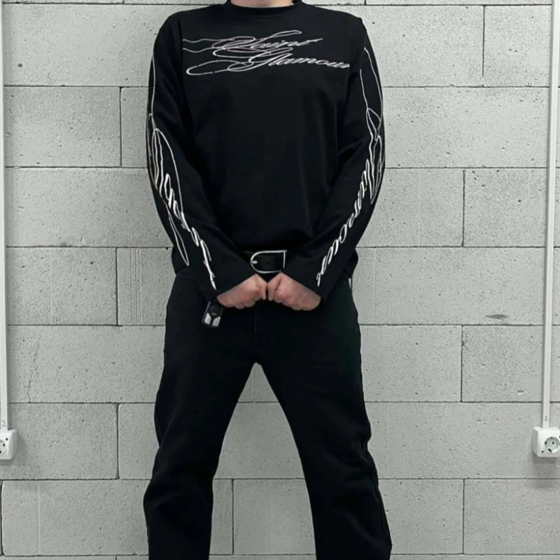 

American street fashion casual men's top y2k new style loose letter printing ins style round neck long sleeve T-shirt