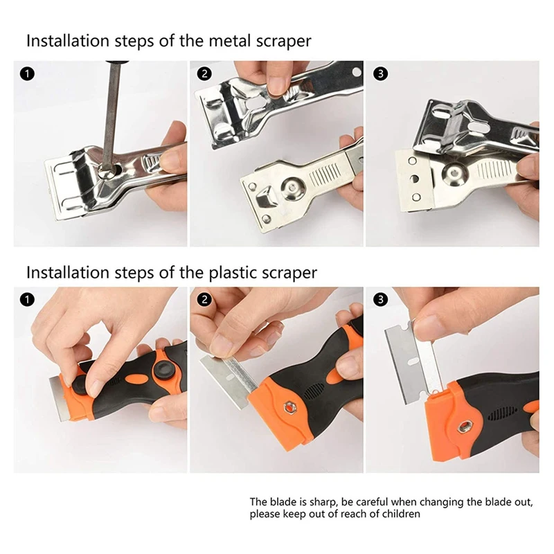 Raspador de dupla face com alça de plástico, combinação de lâmina portátil de aço inoxidável, ferramenta de limpeza de raspador de fogão cerâmico